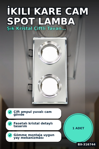 İkili Kare Cam Spot Lamba - GU10 Duy LED Çerçeveli 4000K Kristal Tavan Armatürü, 1 Adet BX-3167