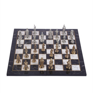 Büyük Boy Metal Osmanlı Bizans Satranç Takımı Parlak ve Katlanır Mermer Desenli MDF Ahşap Satranç Tahta (43x43 cm.)