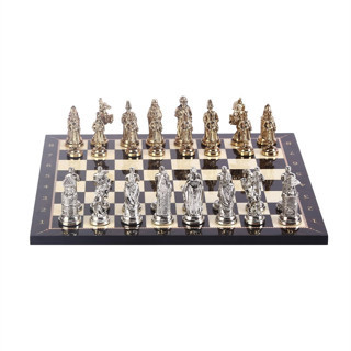 Büyük Boy Metal Osmanlı Bizans Satranç Takımı Parlak ve Ceviz Desenli MDF Ahşap Satranç Tahtası (37x37 cm.)
