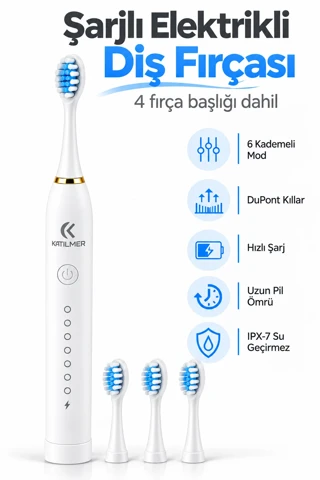 Şarjlı Elektrikli Diş Fırçası Dupont Yumuşak Kıllı 6 Mod 4 Yedek Başlıklı IPX7 Su Geçirmez