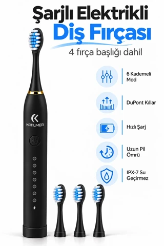 Şarjlı Elektrikli Diş Fırçası Dupont Yumuşak Kıllı 6 Mod 4 Yedek Başlıklı IPX7 Su Geçirmez