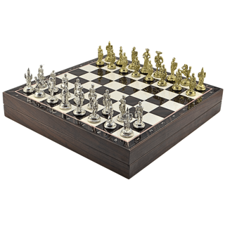 GiftHome Orta Boy Metal İSPANYOL Satranç Takımı Parlak ve Ceviz Desenli Sandıklı MDF Tahtası(36X36X6 cm.) 
