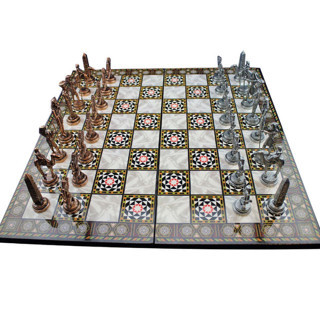Metal Mısır Satranç Takımı Antik ve Sedef Desenli MDF Ahşap Satranç Tahtası (37x37 cm.)
