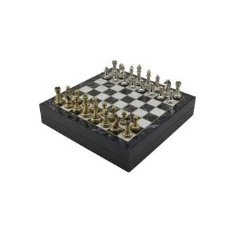 GiftHome Orta Boy Parlak Metal Klasik Satranç Takımı ve Mermer Desenli Sandıklı MDF Tahtası (30X30X6 cm.)