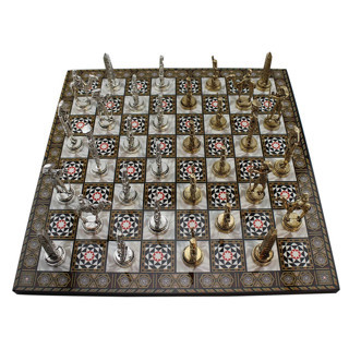 Metal Mısır Satranç Takımı Parlak ve Sedef Desenli MDF Ahşap Satranç Tahtası (37x37 cm.)