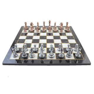 Metal Klasik Satranç Takımı Antik  ve Katlanır Mermer Desenli MDF Ahşap Satranç Tahtası (43x43 cm.)