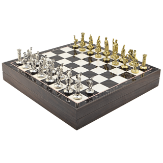 GiftHome Orta Boy Metal ROMA İMPARATORLUĞU Satranç Takımı Parlak ve Ceviz Desenli Sandıklı MDF Tahtası(36X36X6 cm.) 