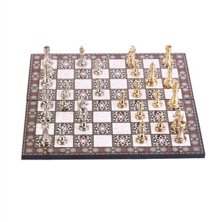 Metal Klasik Satranç Takımı Parlak  ve Katlanır Sedef Desenli MDF Ahşap Satranç Tahta (43x43 cm.)