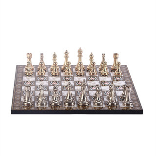 Metal Klasik Satranç Takımı Parlak  ve Sedef Desenli MDF Ahşap Satranç Tahtası (37x37 cm.)