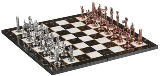 Metal Mısır Satranç Takımı Antik ve Katlanır Mermer Desenli MDF Ahşap Satranç Tahta (43x43 cm.)