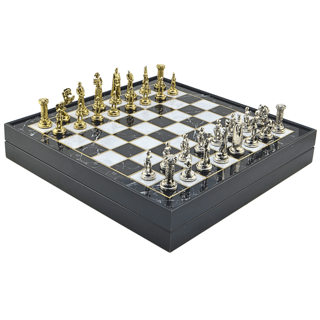 GiftHome Orta Boy Metal İNGİLİZ Satranç Takımı Parlak ve Mermer Desenli Sandıklı MDF Tahtası(36X36X6 cm.) 