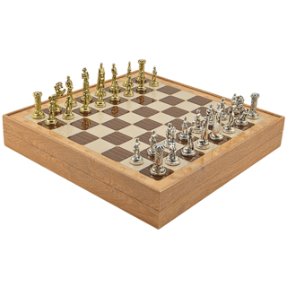 GiftHome Orta Boy Metal İNGİLİZ Satranç Takımı Parlak ve Rustik Desenli Sandıklı MDF Tahtası(36X36X6 cm.) 