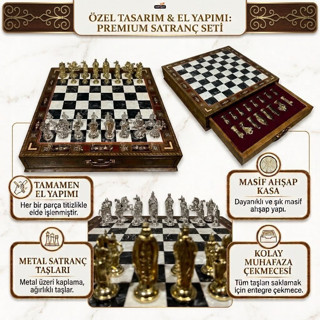Kişiye Özel İsimli EL YAPIMI Büyük Boy Parlak İNGİLİZ FİGÜRLÜ Siyah Masif Ahşap Çekmeceli Satranç Takımı 