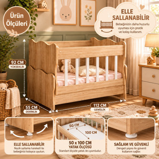 Missidea Baby Ahşap Sonomo Sallanır Anne Yanı Bebek Beşiği 50x100 cm – Yatak Hariç