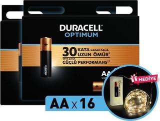 Duracell Optimum AA Alkalin Pil, 1,5 V LR6 MN1500, 16’lı paket ve Led Işık