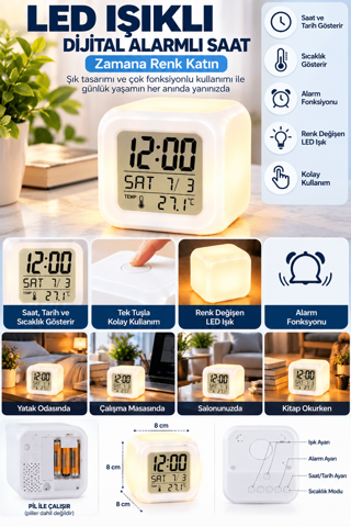 Modern Tasarımlı Küp Saat LED Aydınlatmalı Dijital Alarm Saati