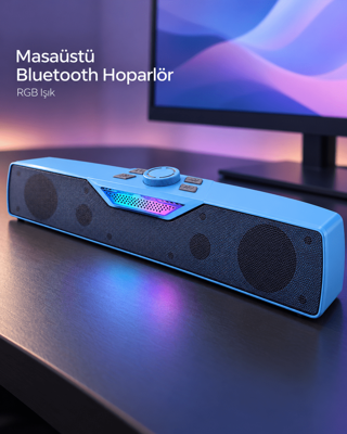RGB Işıklı Bluetooth 5.4 Masaüstü Soundbar Hoparlör USB ve TF Kart Destekli Mavi