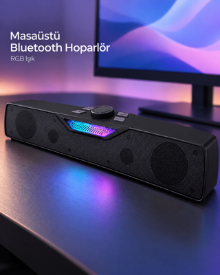 RGB Işıklı Bluetooth 5.4 Masaüstü Soundbar Hoparlör USB Destekli Siyah