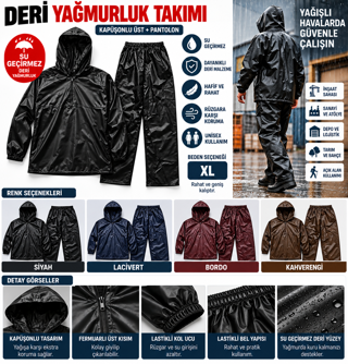 Deri Yağmurluk Takımı – Su Geçirmez Kapüşonlu Üst ve Pantolon