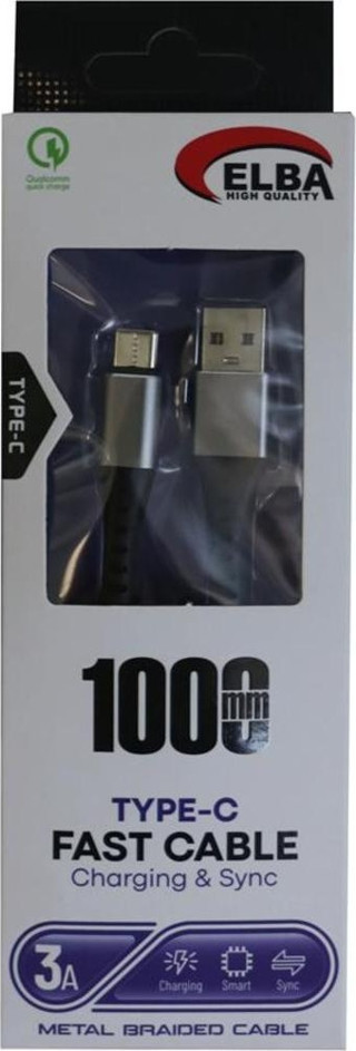 Elba Elb34-Typ Type-c 1mt 3A Hızlı Şarj Hasırlı Siyah Kablo