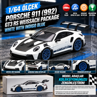 1/64 Porsche 911 (992) GT3 RS Weissach Package White with Indigo Blue
