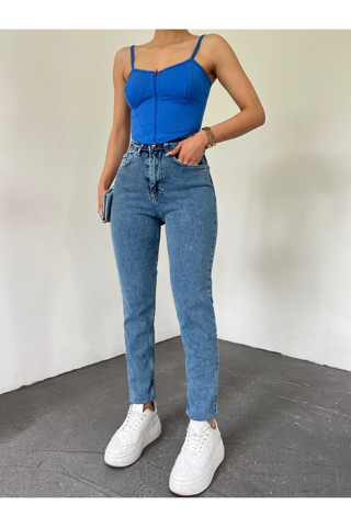 Lily Kadın Esnek Likralı TREND Mavi Mom Jean