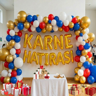 Karne Temalı Karne Hatırası Gold Folyo Harf Kırmızı Beyaz Mavi Gold Balon Süsleme