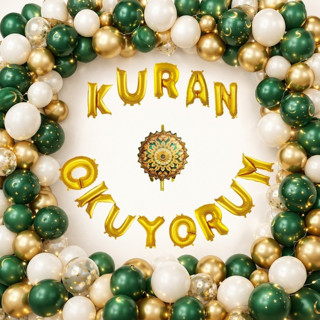 Kuran Okuyorum Temalı Kuran Okuma Töreni Folyo Harf Balon Yeşil Gold Beyaz ve Kumbeji Balonlar