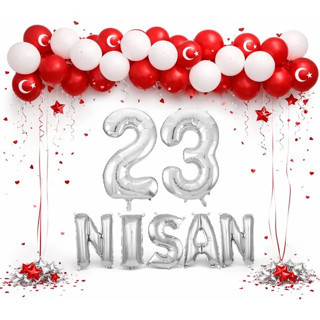 23 Nisan Çocuk Bayramı Temalı Gümüş Folyo Rakam ve Harf Kırmızı Beyaz Balonlar