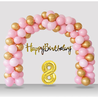 8 Yaş Tedaks Retro Gold Pembe Balon Happy Birthday Banner Gold Rakam Doğum Günü Süsleme
