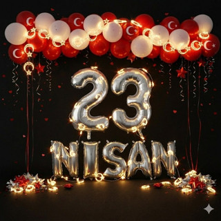 23 Nisan Çocuk Bayramı Temalı Ay-Yıldız Ledli Gümüş Folyo Rakam ve Harf Kırmızı Beyaz Balonlar