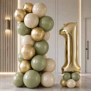 7 Yaş Gold Retro Doğum Günü Seti Küf Yeşili Kum Beji Gold Balonlar Gold Folyo Rakam Parti Süsleme