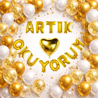 Okuma Bayramı Temalı Artık Okuyorum Folyo Harf Balon Beyaz Gold Konfetili Süsleme