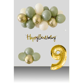 9 Yaş Tedaks Retro Krom Gold Küf Yeşili Kum Beji Balon Happy Birthday Banner Gold Rakam Doğum Günü Süsleme