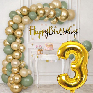Pompa Hediyeli Doğum Günü Seti Gold Banner Krom Gold Küf Yeşili Kum Beji Balonlar Gold Folyo Rakam