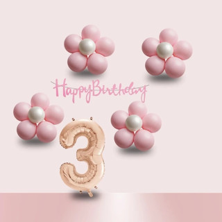 3 Yaş Pembe Papatya Temalı Rosegold Rakam Pembe Happy Birthday Banner Doğum Günü Süsleme