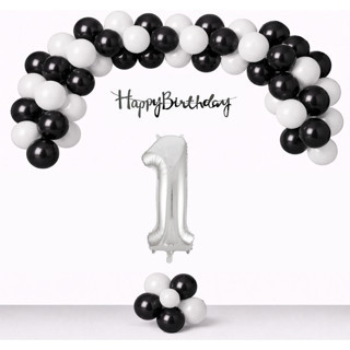 1 Yaş Siyah Beyaz Balonlar Gümüş Happy Birthday Banner Gümüş Rakam Taraftar Doğum Günü