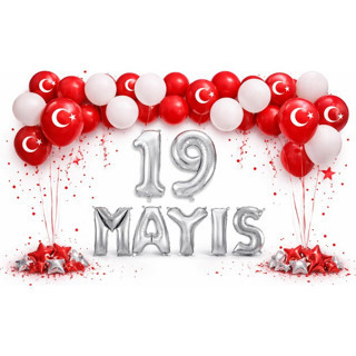 19 Mayıs Gençlik ve Spor Bayramı Temalı Gümüş Folyo Rakam ve Harf Kırmızı Beyaz Ay Yıldız Balonlar