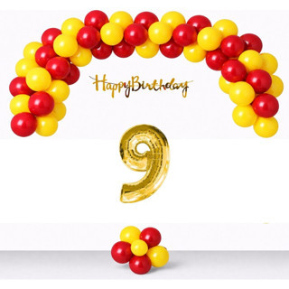 9 Yaş Sarı Kırmızı Balonlar Gold Happy Birthday Banner Gold Rakam Taraftar Doğum Günü