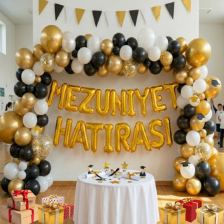 Mezuniyet Temalı Mezuniyet Hatırası Gold Folyo Harf Beyaz Siyah Gold Balon Süsleme