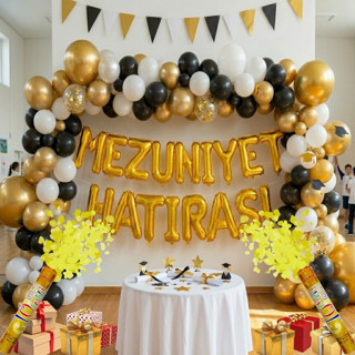 2 Adet Gold Konfeti Hediyeli Mezuniyet Hatırası Gold Folyo Harf Beyaz Siyah Gold Balon Süsleme