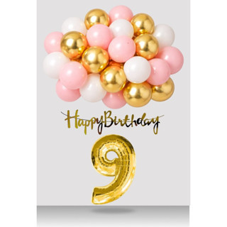 9 Yaş Tedaks Retro Gold Pembe Beyaz Balon Happy Birthday Banner Gold Rakam Doğum Günü Süsü