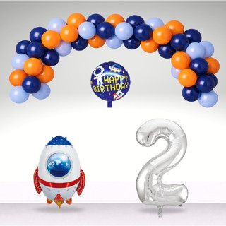 2 Yaş Tedaks Lacivert Mavi Turuncu Balon Happy Birthday Uzay Mekiği Folyo Balon Krem Rakam Doğum Günü Seti