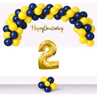 2 Yaş Sarı Lacivert Balonlar Gold Happy Birthday Banner Gold Rakam Taraftar Doğum Günü