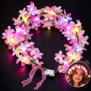 Çiçekli LED Parti Tacı, Pembe, 3 Mod - LUNAEV