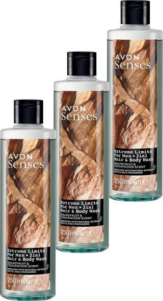 Avon Extreme Limits Greyfurt ve Sandal Kokulu Saç ve Vücut için Erkek Duş Jeli 250 Ml. Üçlü Set