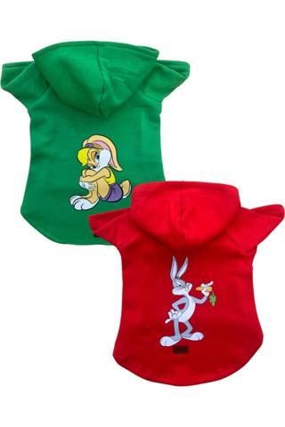 Kedi & Köpek Kıyafeti Sweatshirt - Bugs Bunny & Lola Bunny Baskılı Kırmızı Ve Yeşil 2'li Set Sweatshirt