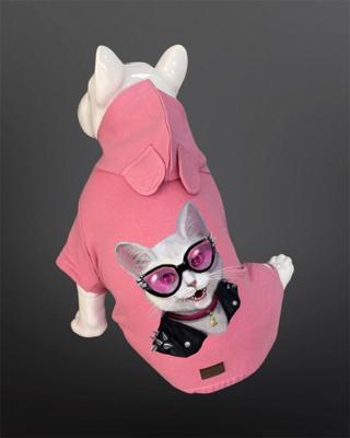 Kedi & Köpek Tulum / Pijama Serisi - Gözlüklü Kedi Baskılı Pembe Tulum