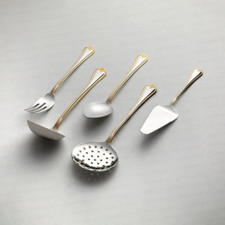 Nehir fulya altın servis takımı seti 5 parça kepçe kaşık kevgir seti 