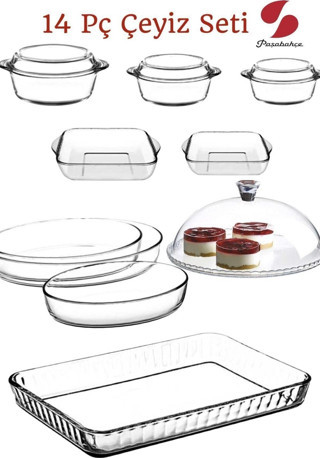Paşabahçe borcam tencere - frın tepsisi kek fanusu çeyiz seti takımı 14 parça